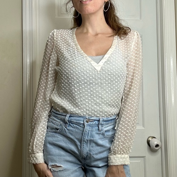Beyond Vintage Tops - Beyond Vintage Swiss Dot V-Neck Long Sleeve Sheer Silk Top in White - Small